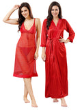 Red Solid Satin Short Net Nighty & Robe Set for Women