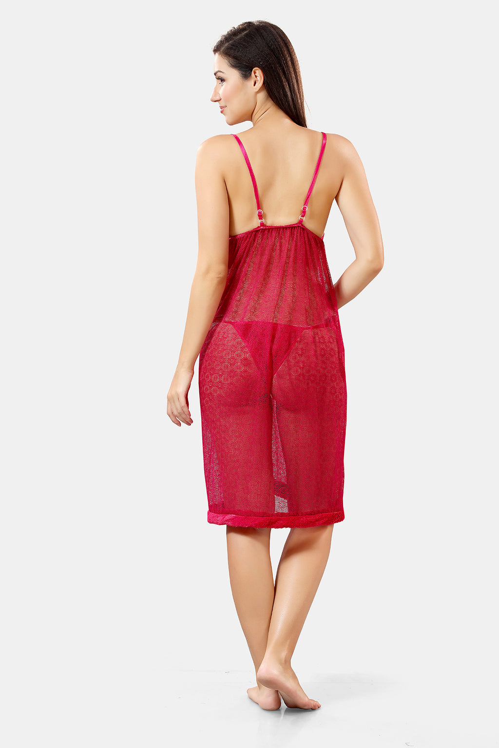 Pink Solid Satin Short Net Nighty with Robe Set for Women