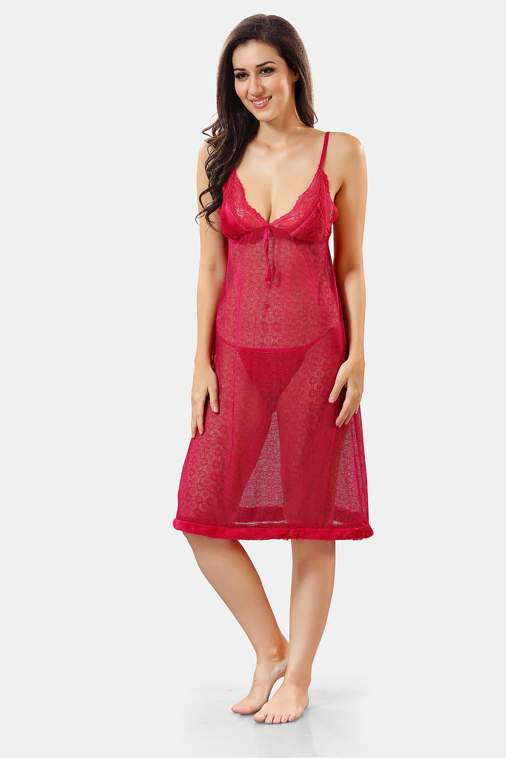 Pink Solid Satin Short Net Nighty with Robe Set for Women