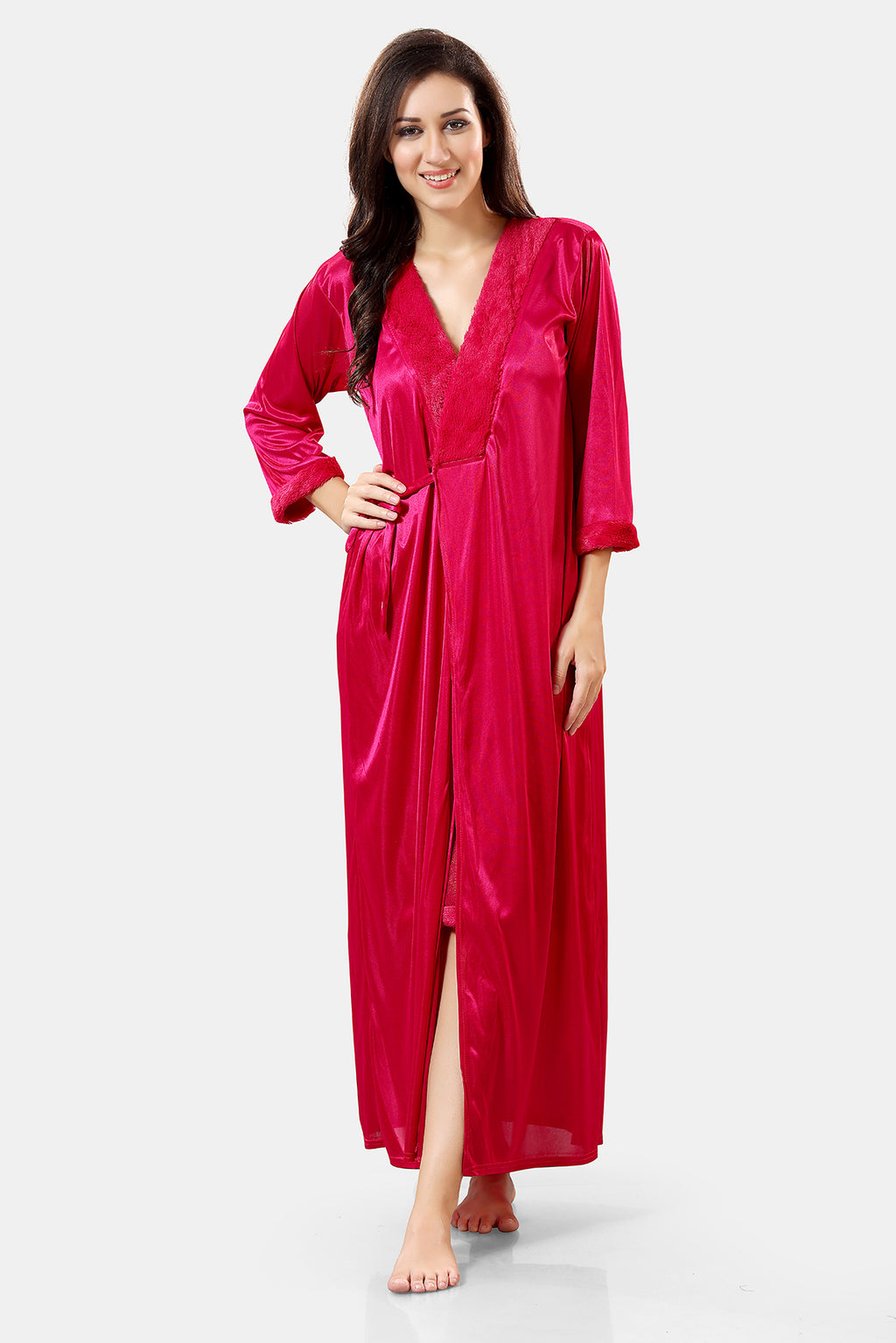 Pink Solid Satin Short Net Nighty with Robe Set for Women