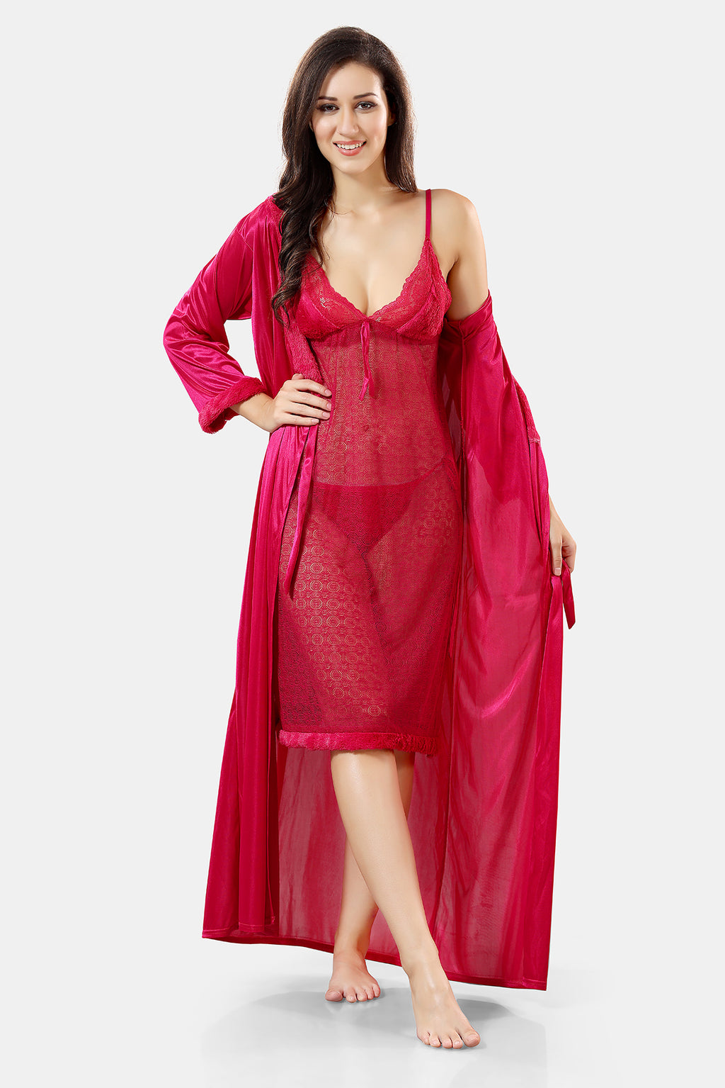 Pink Solid Satin Short Net Nighty with Robe Set for Women