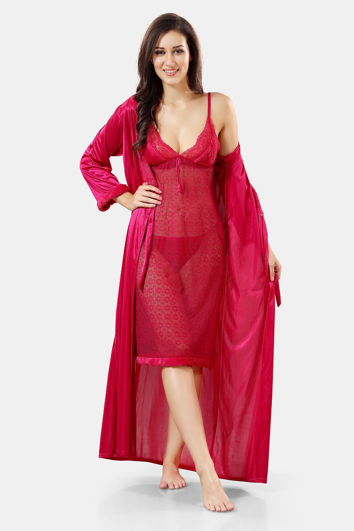 Pink Solid Satin Short Net Nighty with Robe Set for Women