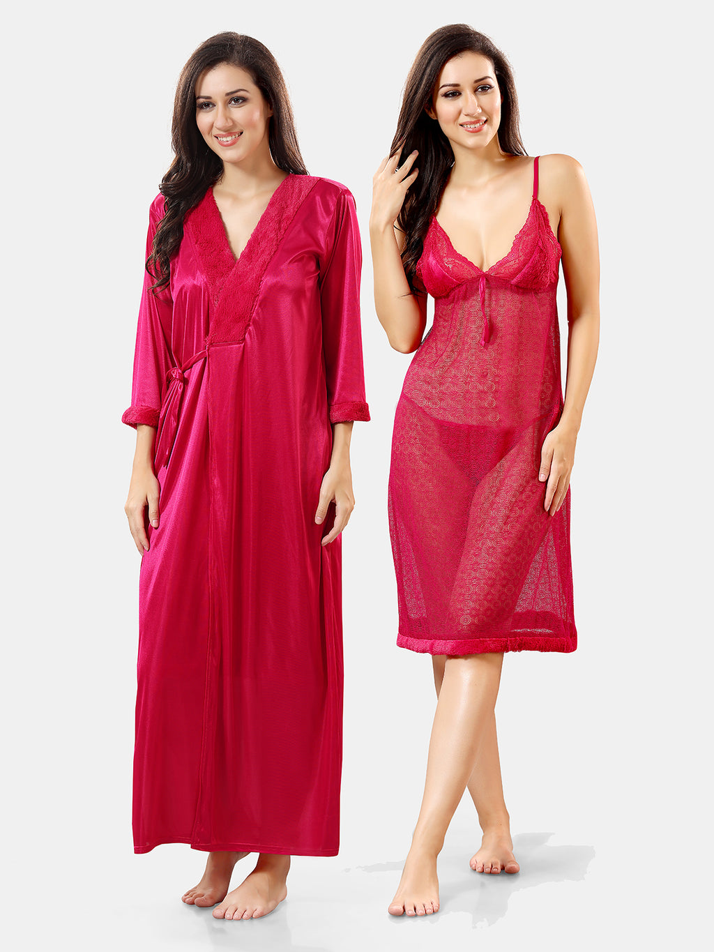 Pink Solid Satin Short Net Nighty with Robe Set for Women