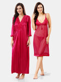 Pink Solid Satin Short Net Nighty with Robe Set for Women