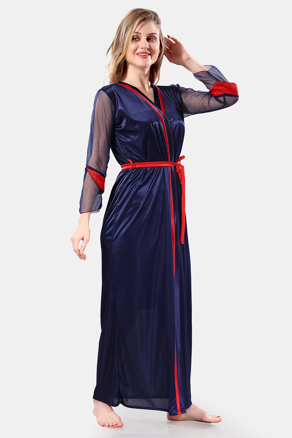 Solid Satin Short Nighty with Robe for Women