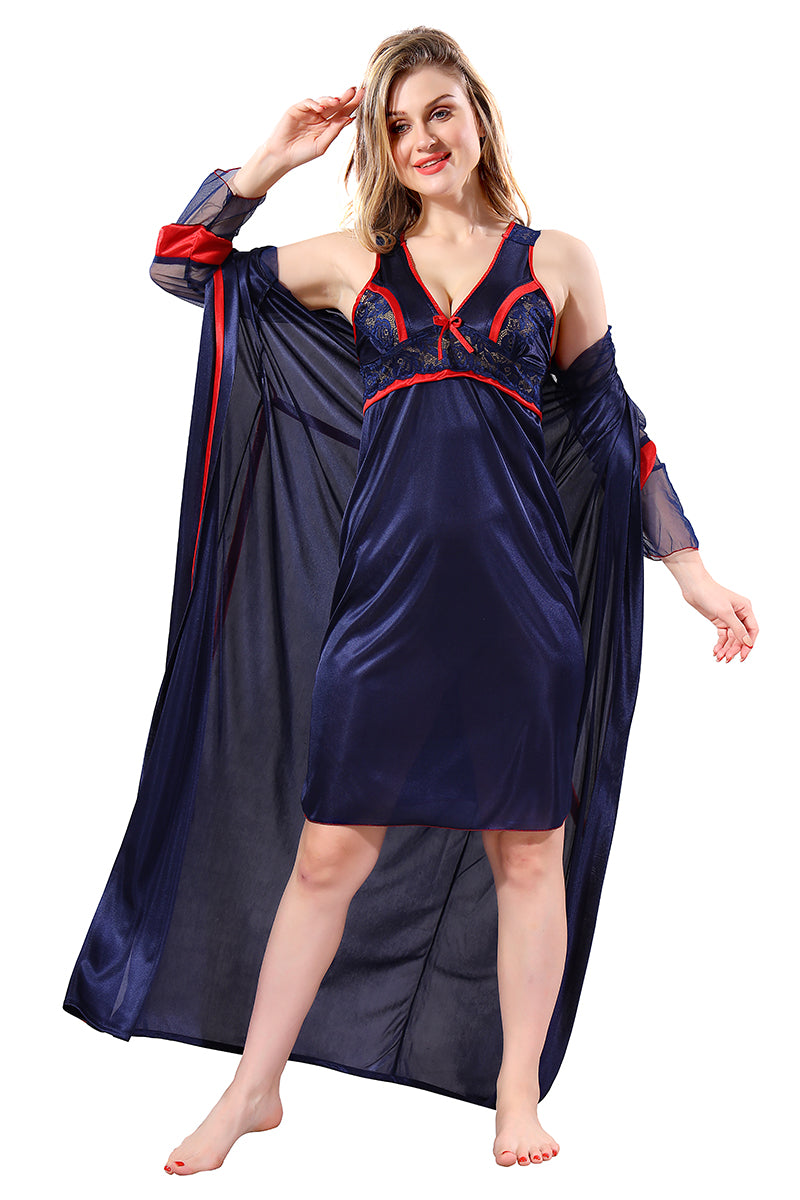 Solid Satin Short Nighty with Robe for Women