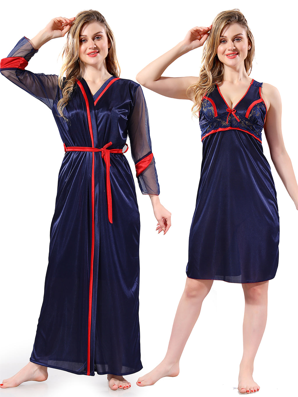Solid Satin Short Nighty with Robe for Women