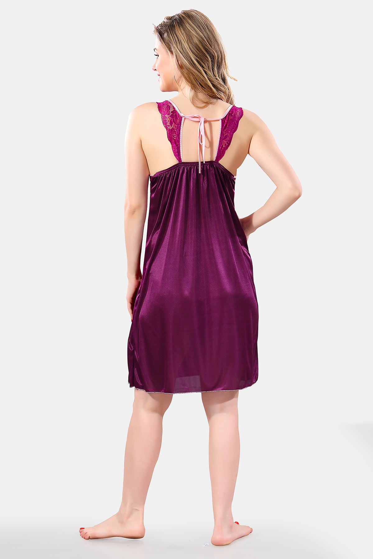 Magenta Solid Satin Short Nighty & Robe Set for Women