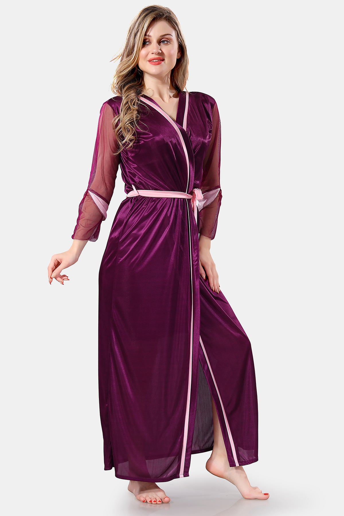 Magenta Solid Satin Short Nighty & Robe Set for Women