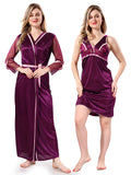 Magenta Solid Satin Short Nighty & Robe Set for Women