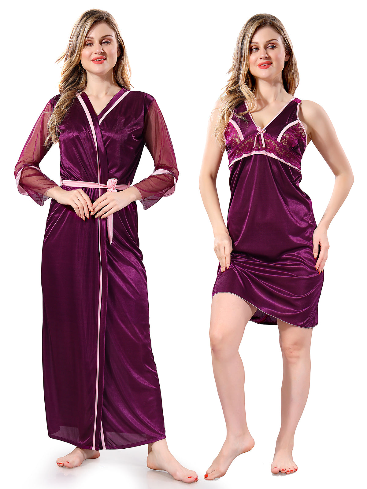 Magenta Solid Satin Short Nighty & Robe Set for Women