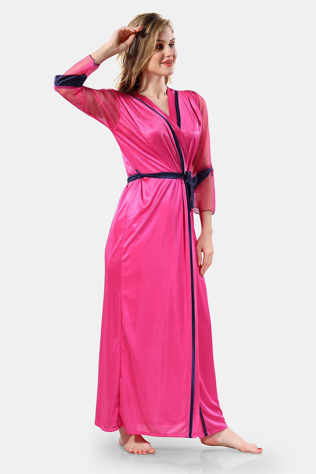 Solid Satin Short Nighty with Robe for Women