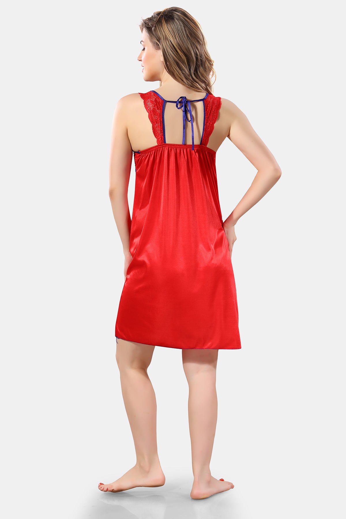 Red Solid Satin Short Nighty & Robe Set for Women