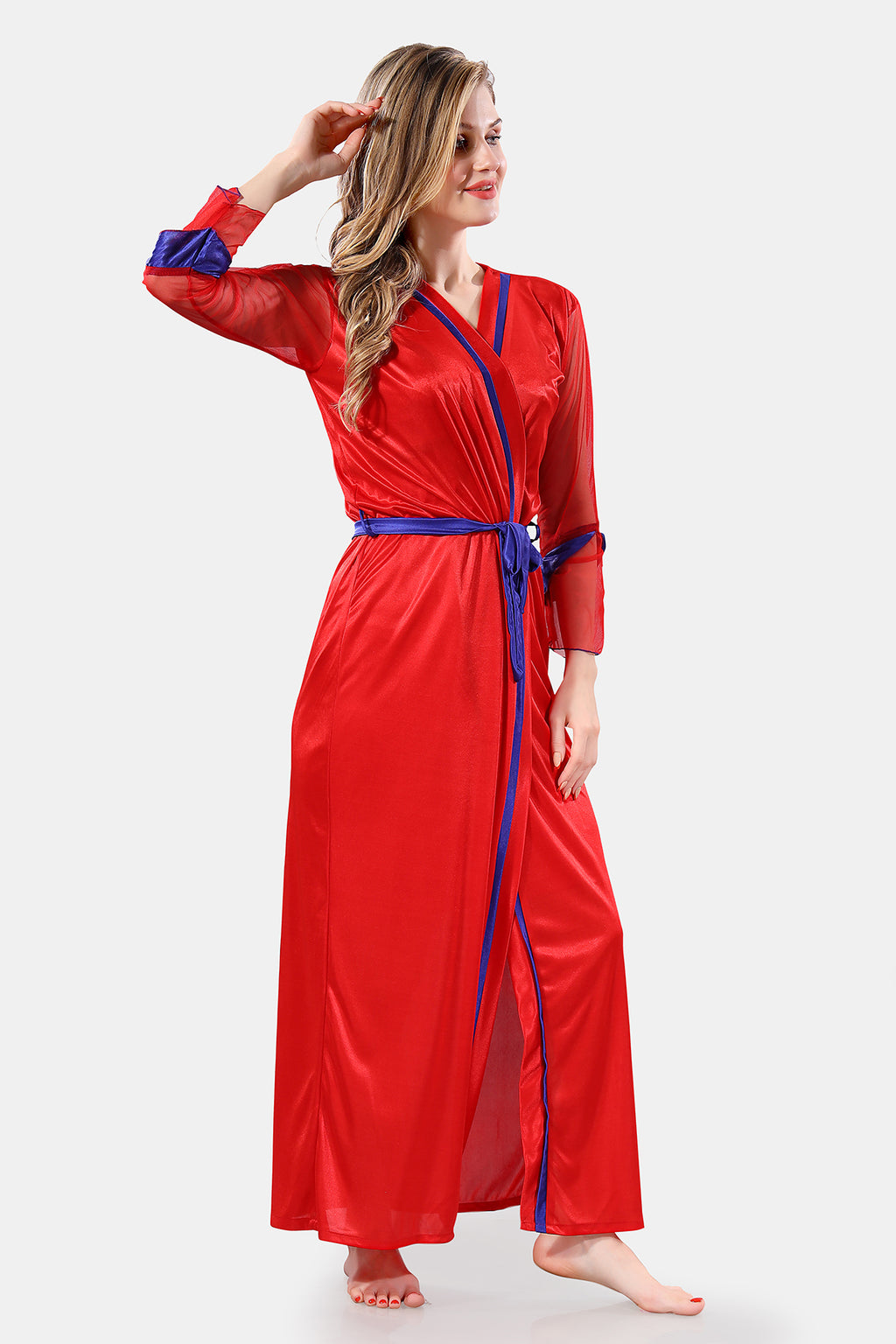Red Solid Satin Short Nighty & Robe Set for Women