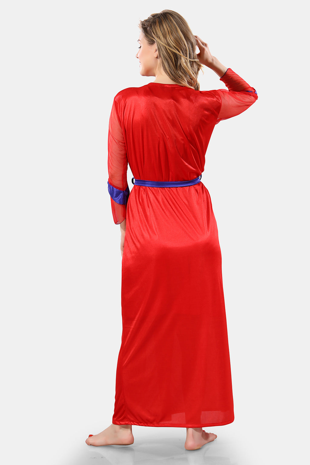 Red Solid Satin Short Nighty & Robe Set for Women