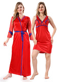 Red Solid Satin Short Nighty & Robe Set for Women