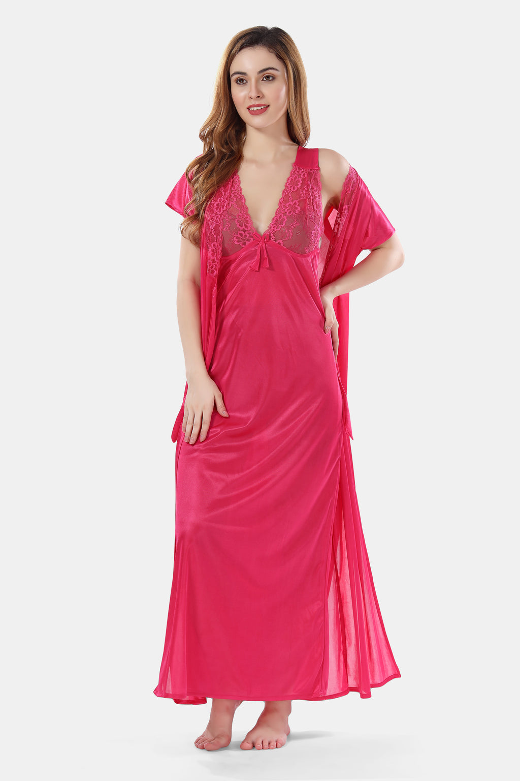 Solid Satin Nighty with Robe for Women
