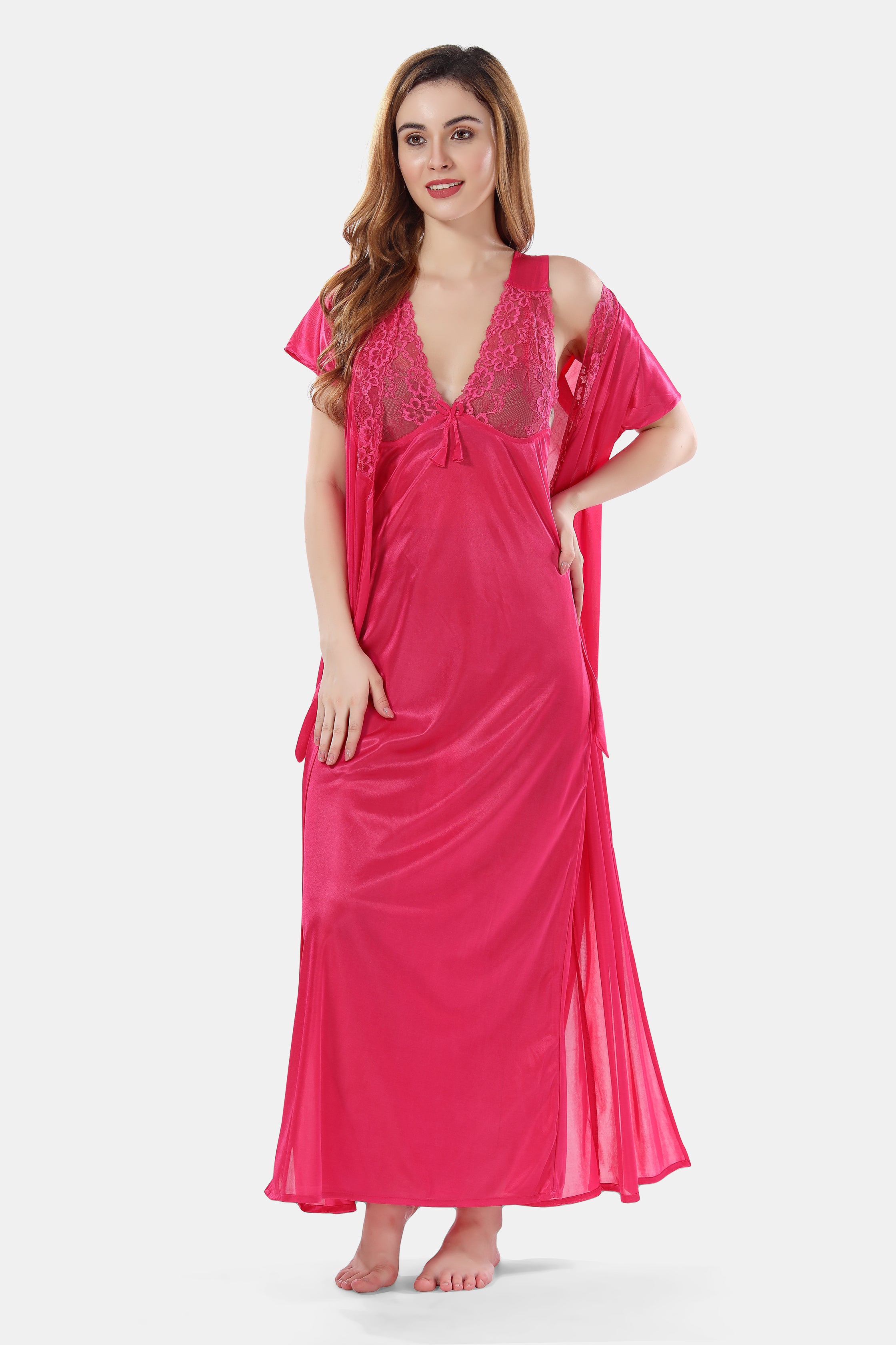 Solid Satin Nighty with Robe for Women