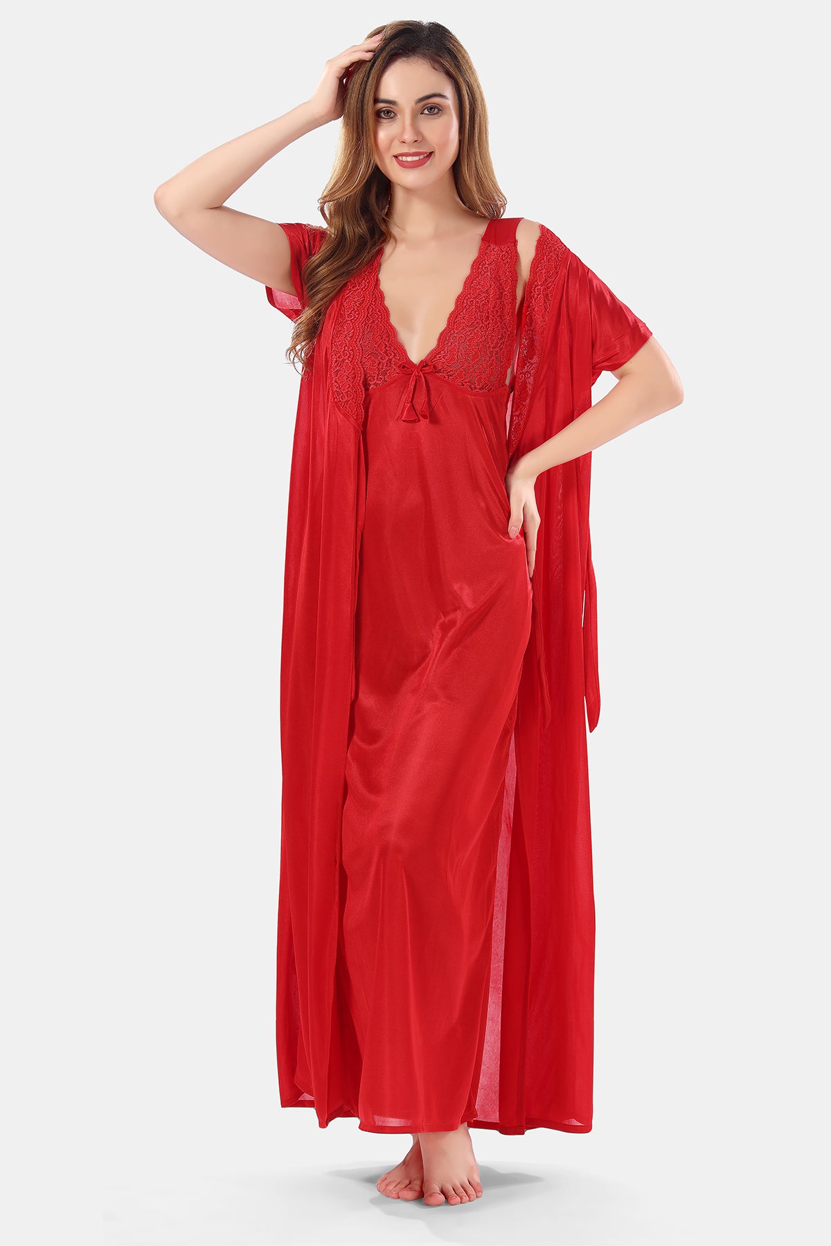 Solid Satin Nighty with Robe for Women