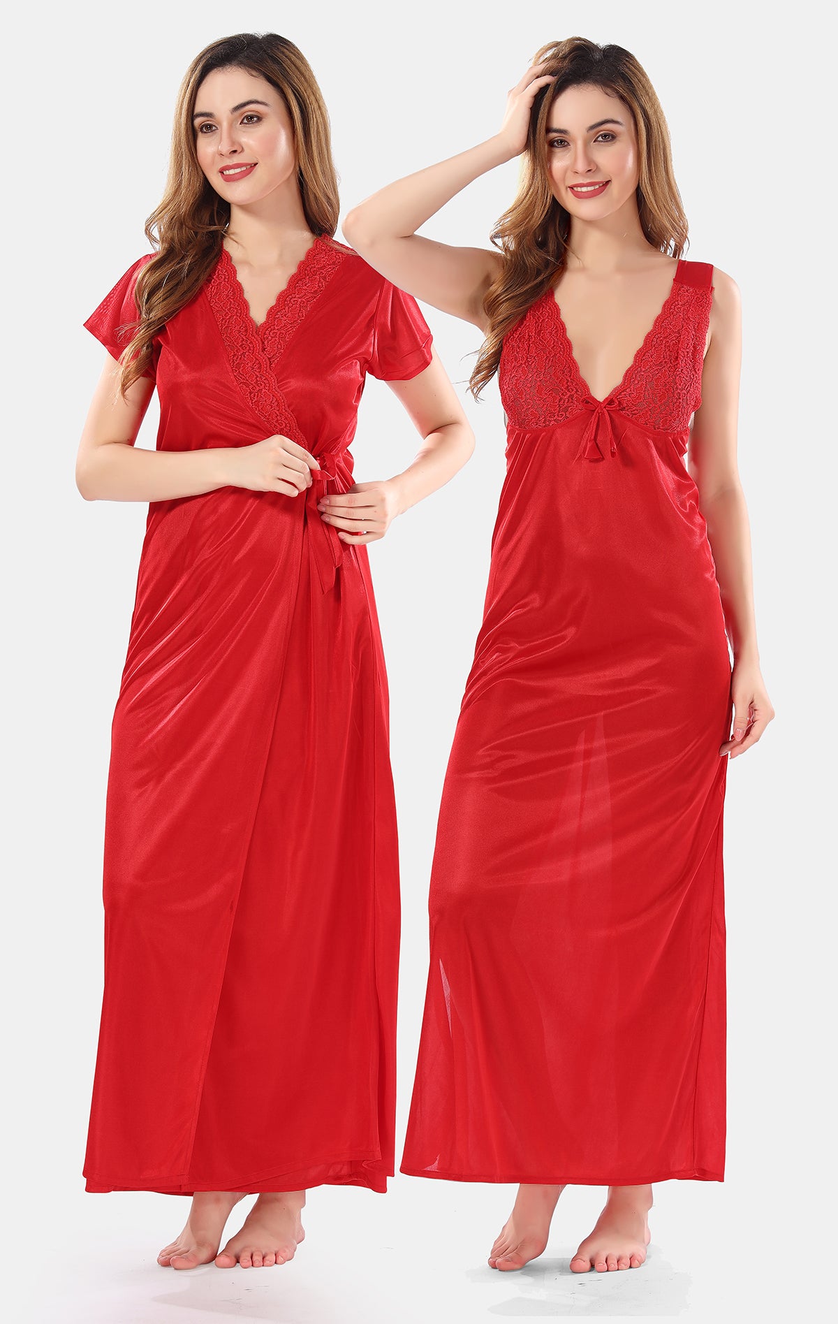 Solid Satin Nighty with Robe for Women