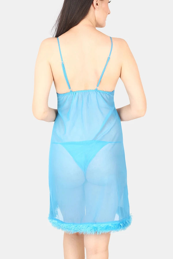 Women sky blue fur nighty set