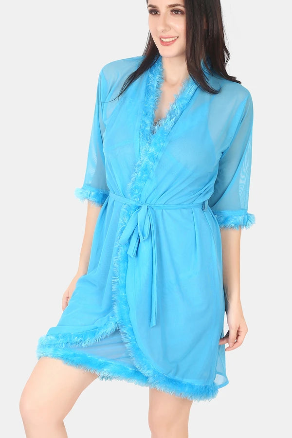 Sky blue power net nighty with robe