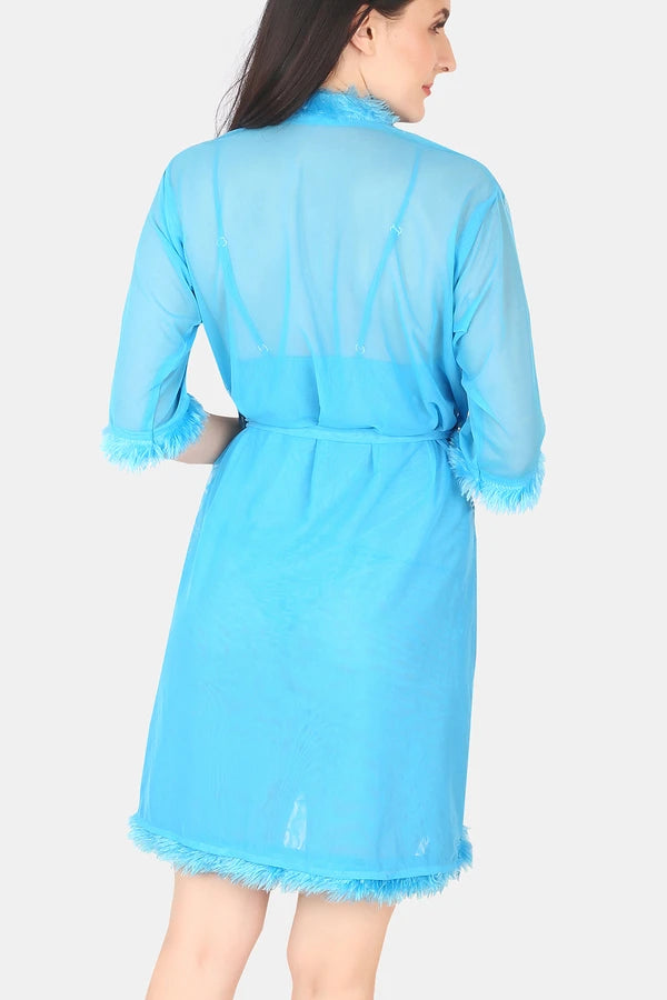Solid sky blue short nighty robe Back View