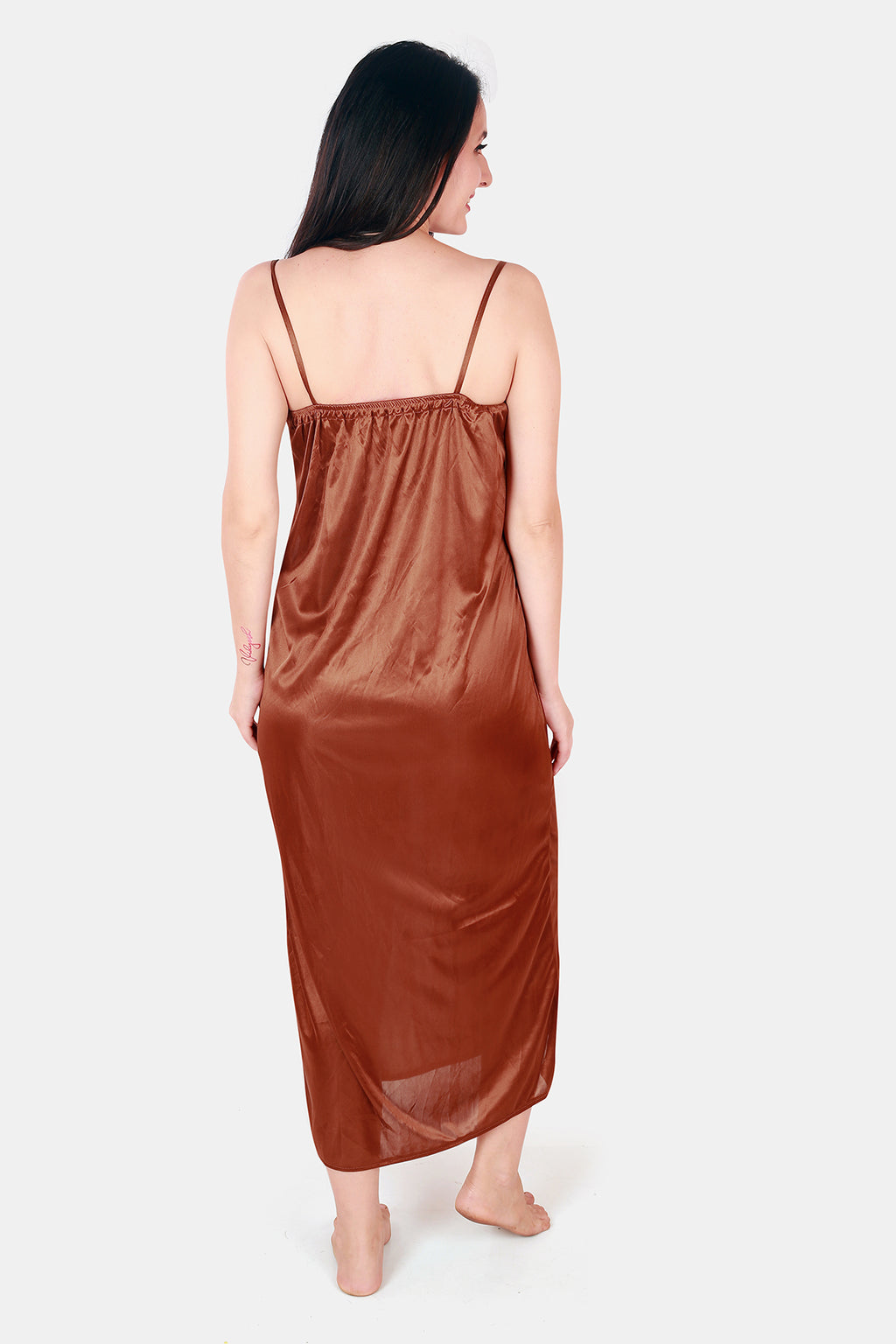 Coral Solid Satin Nighty with Robe for Women