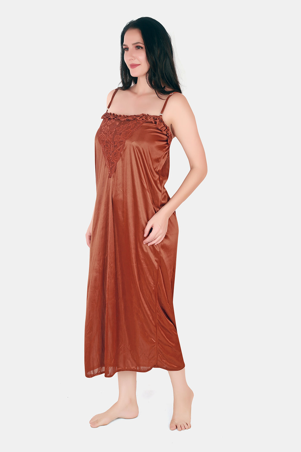 Coral Solid Satin Nighty with Robe for Women