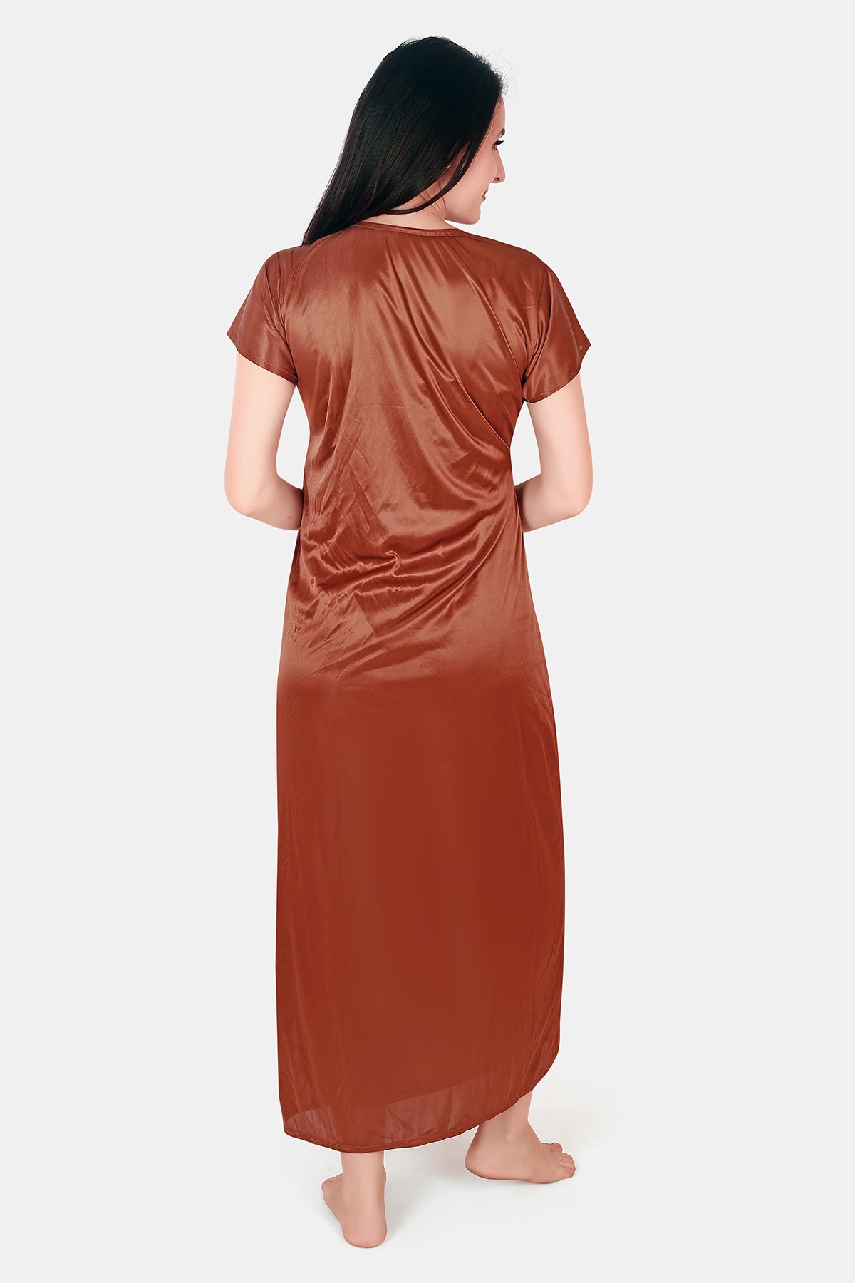 Coral Solid Satin Nighty with Robe for Women