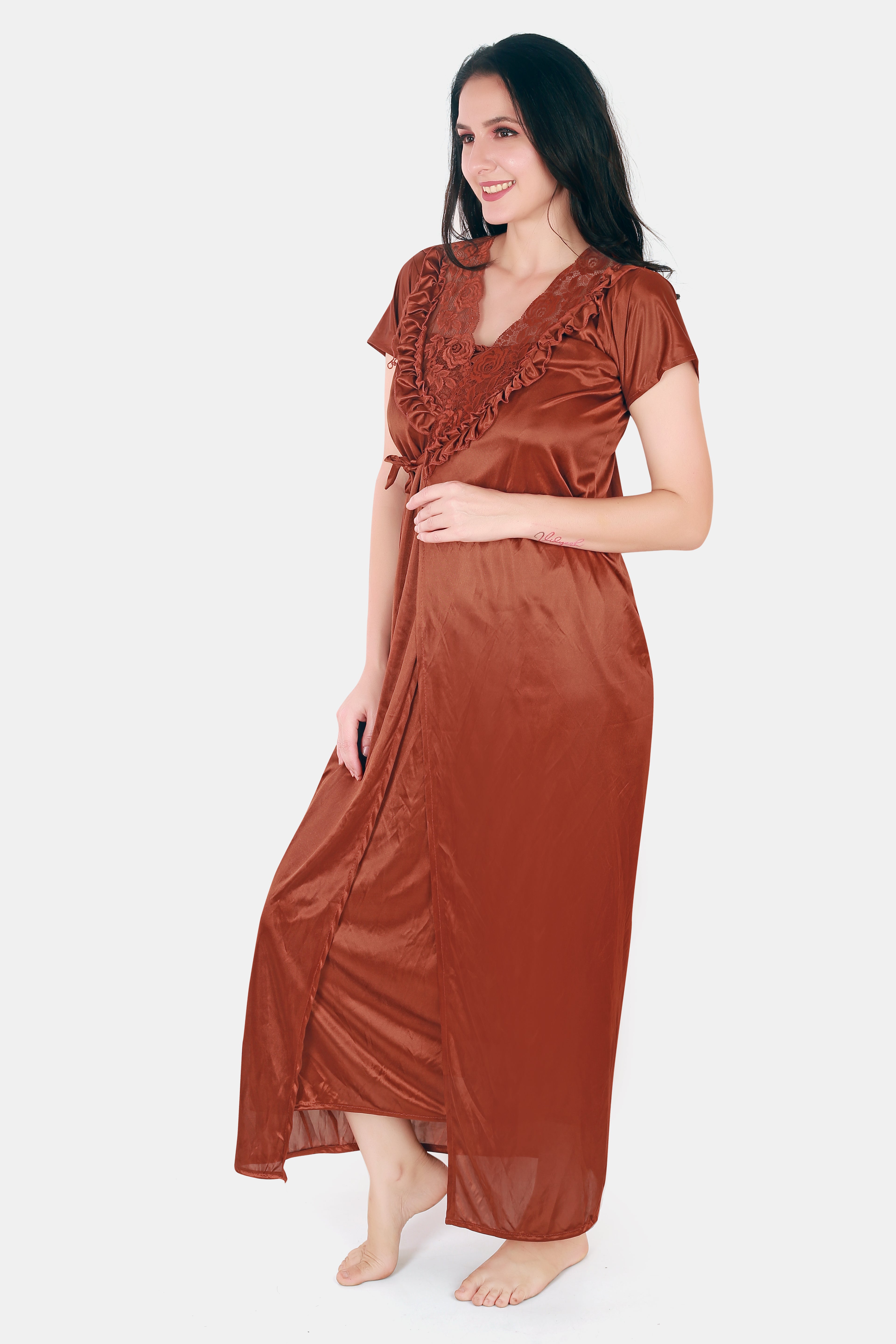 Coral Solid Satin Nighty with Robe for Women