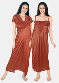 Coral Solid Satin Nighty with Robe for Women