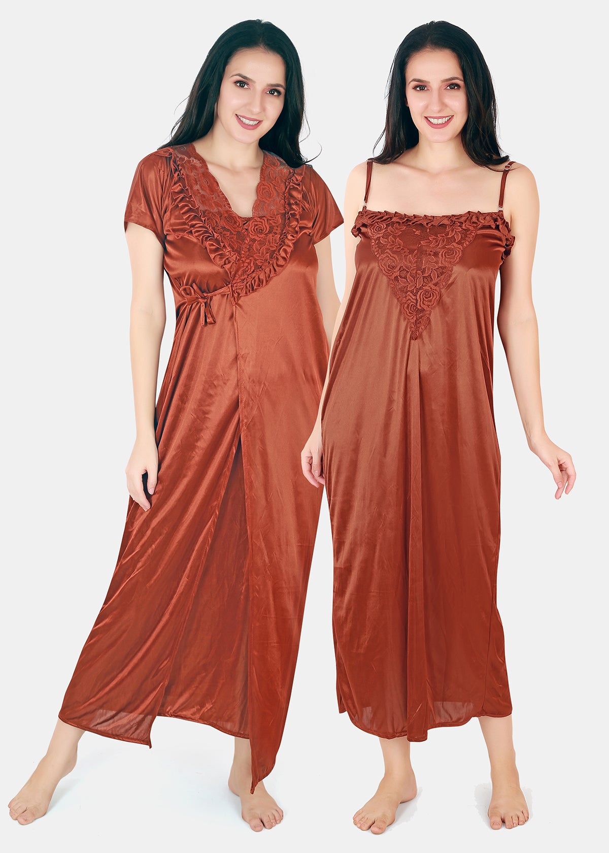 Coral Solid Satin Nighty with Robe for Women