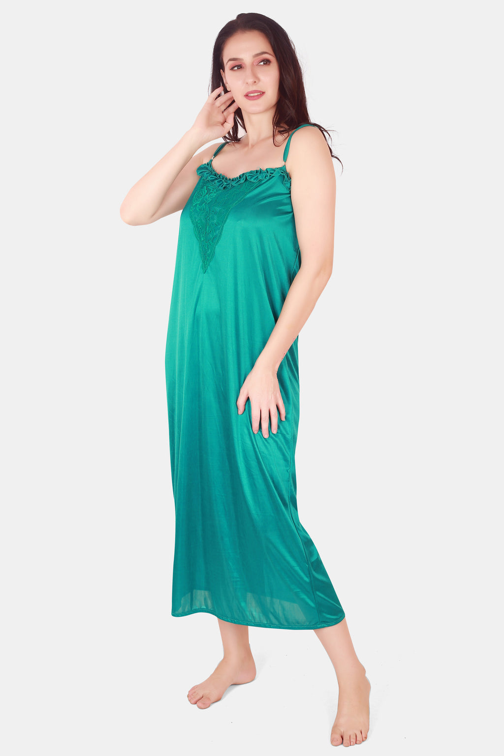 Solid Satin Nighty with Robe for Women Turquoise