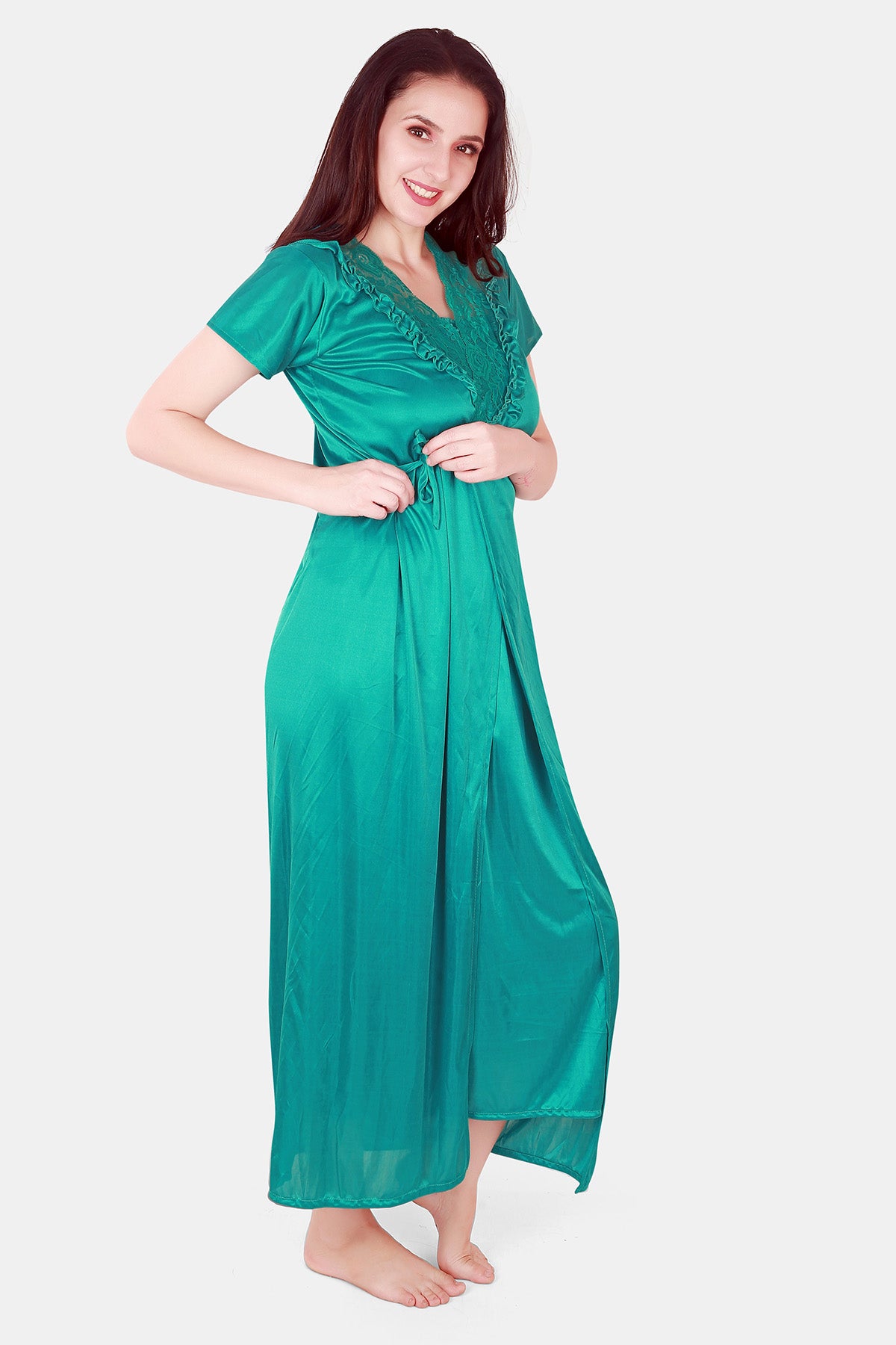 Solid Satin Nighty with Robe for Women Turquoise