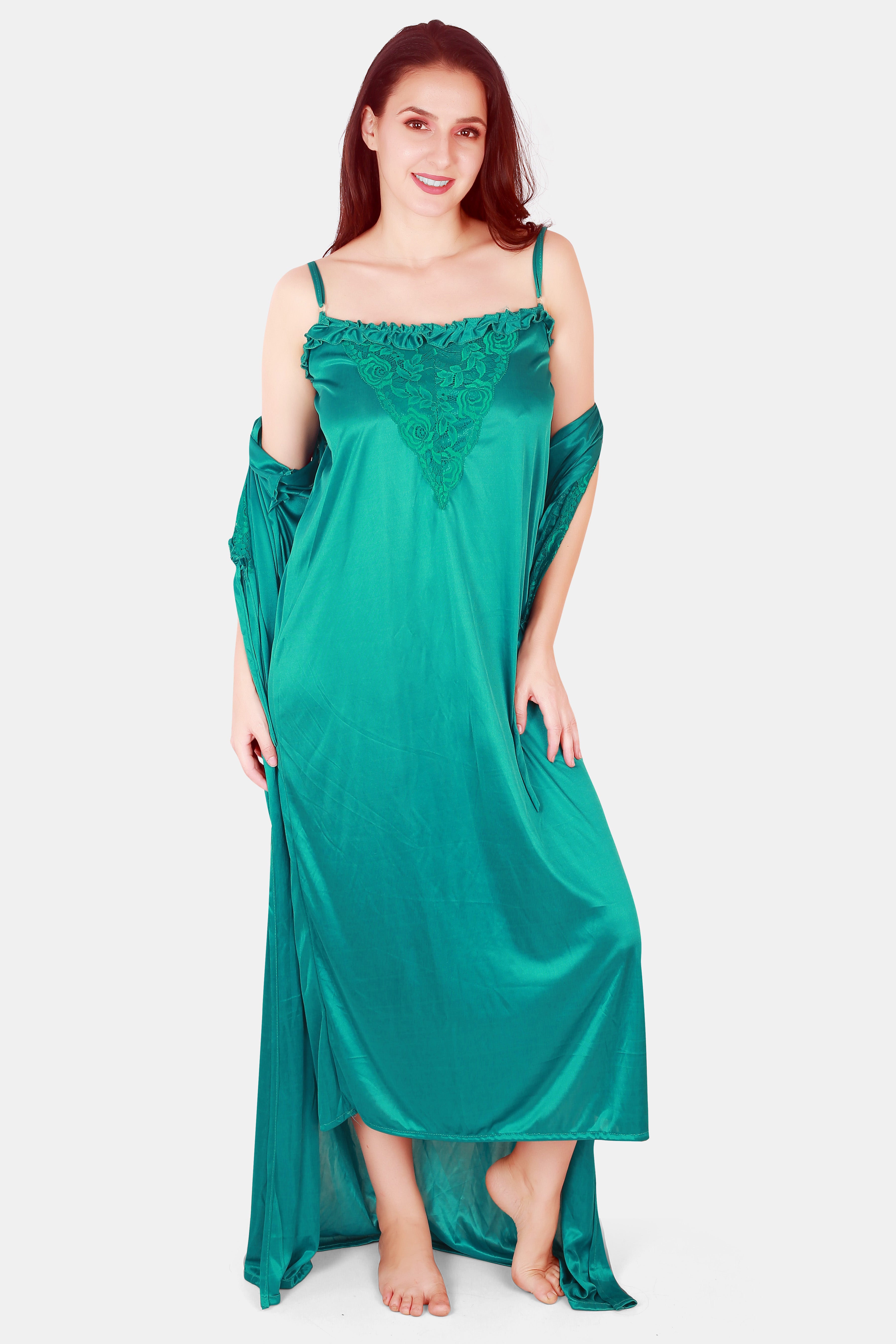 Solid Satin Nighty with Robe for Women Turquoise