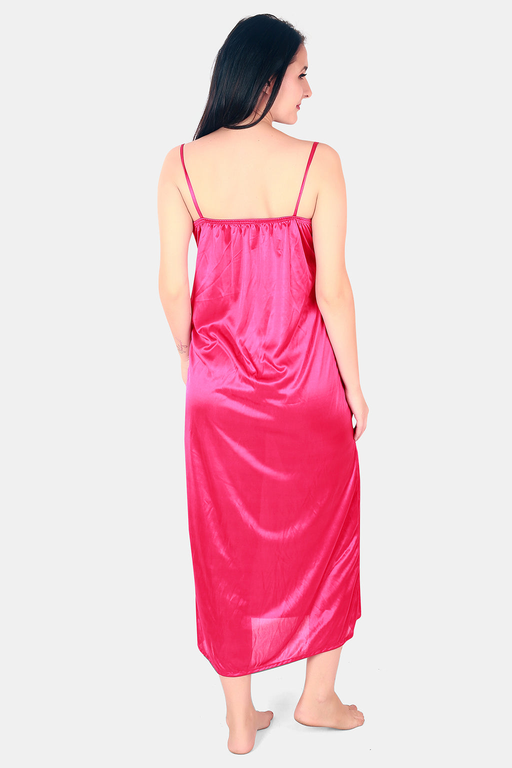 Hot Pink Satin Nighty with Lace Detail Robe for Women