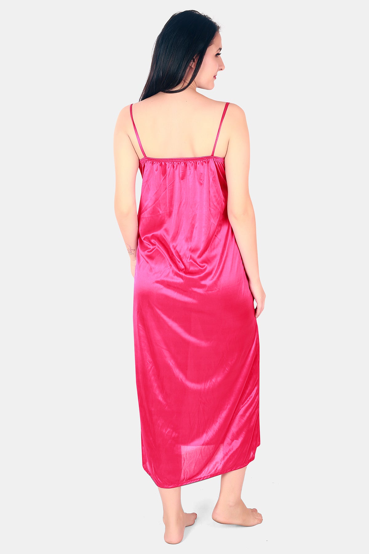 Hot Pink Satin Nighty with Lace Detail Robe for Women