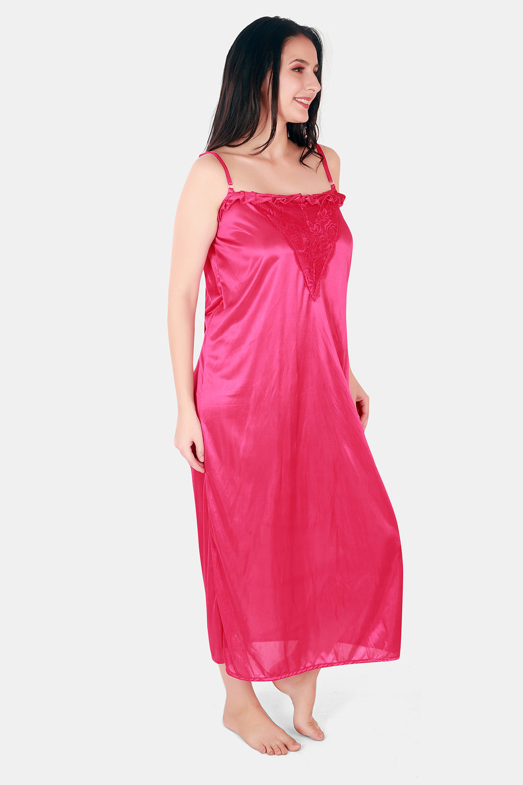 Hot Pink Satin Nighty with Lace Detail Robe for Women