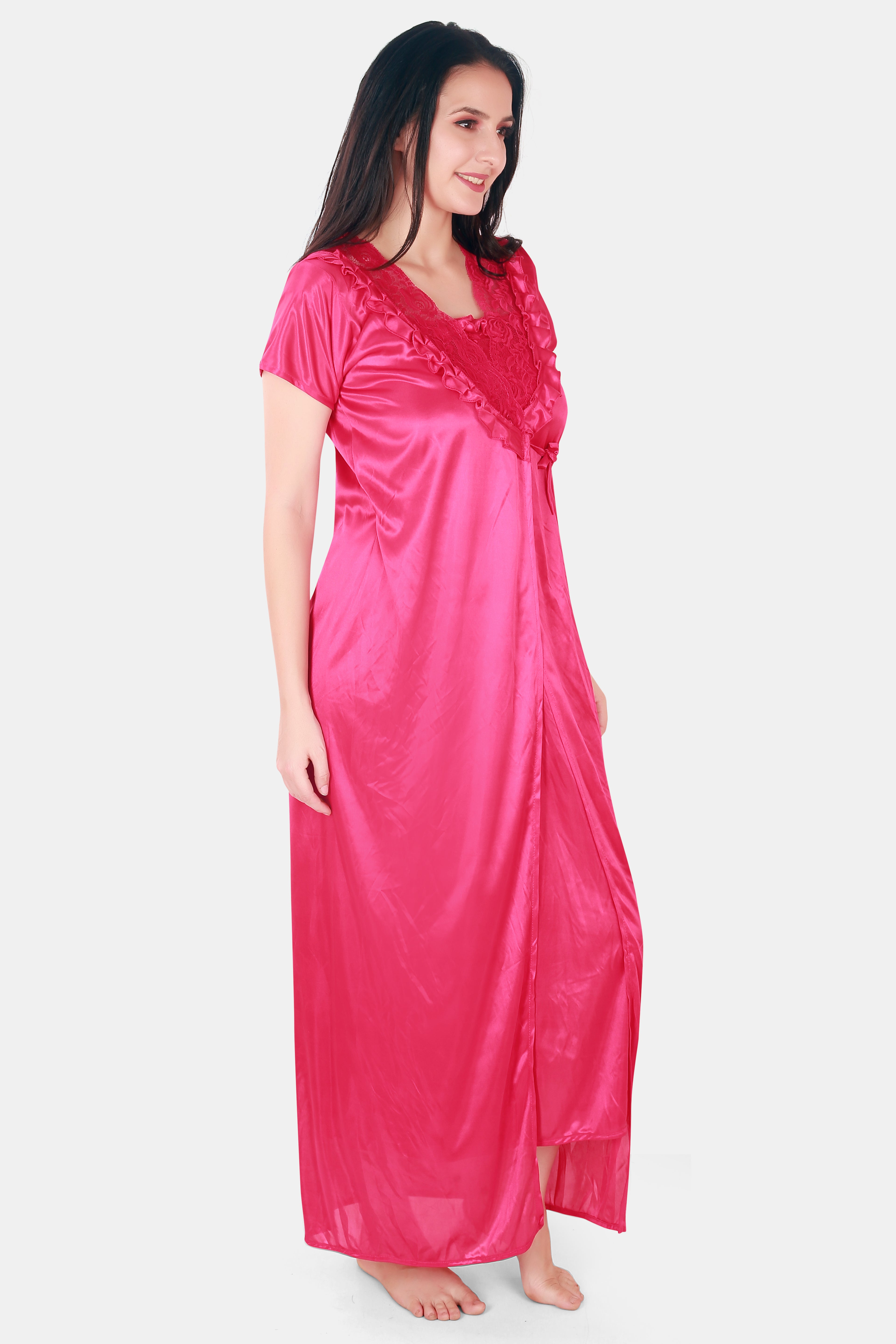 Hot Pink Satin Nighty with Lace Detail Robe for Women