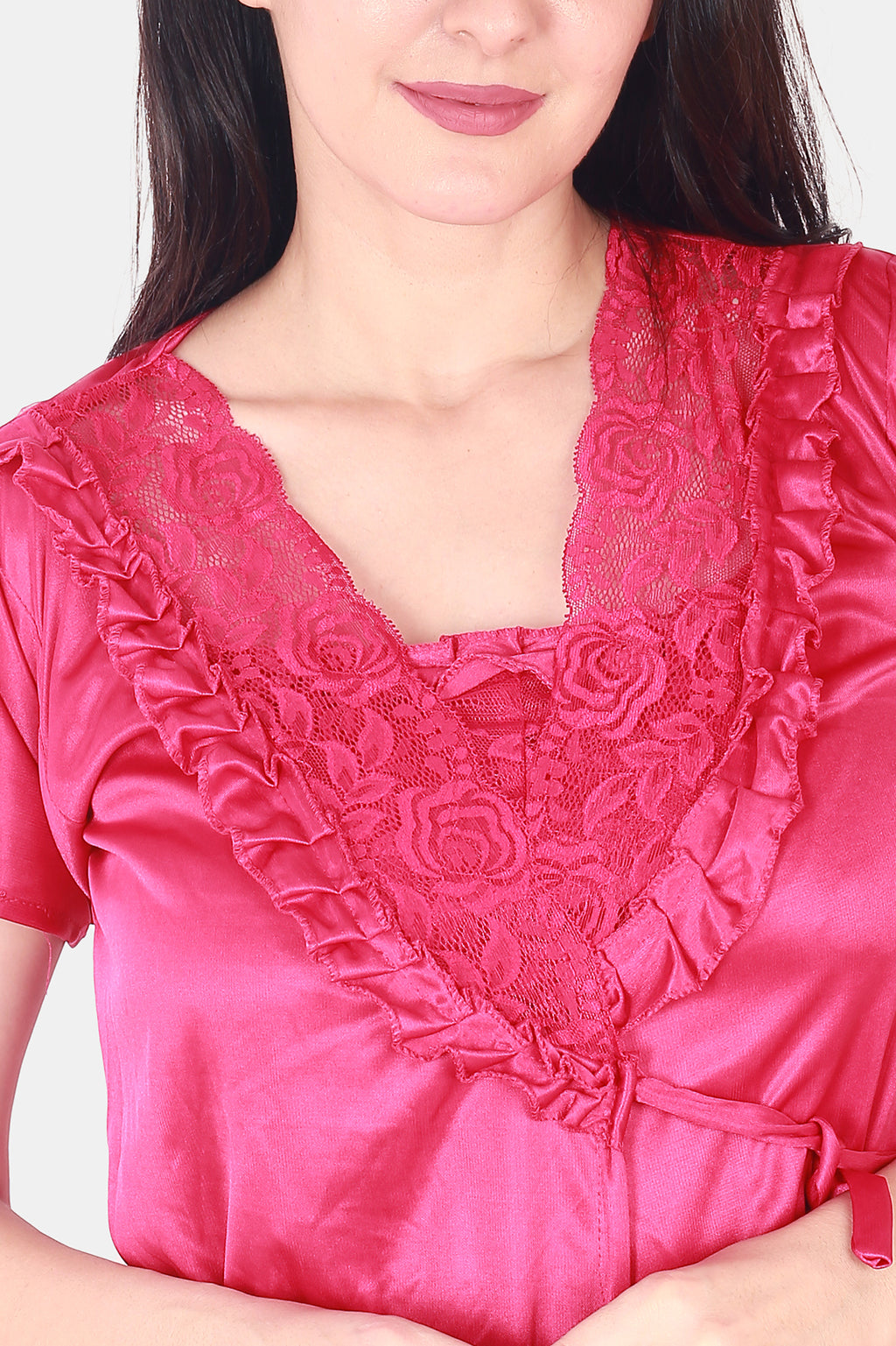 Hot Pink Satin Nighty with Lace Detail Robe for Women