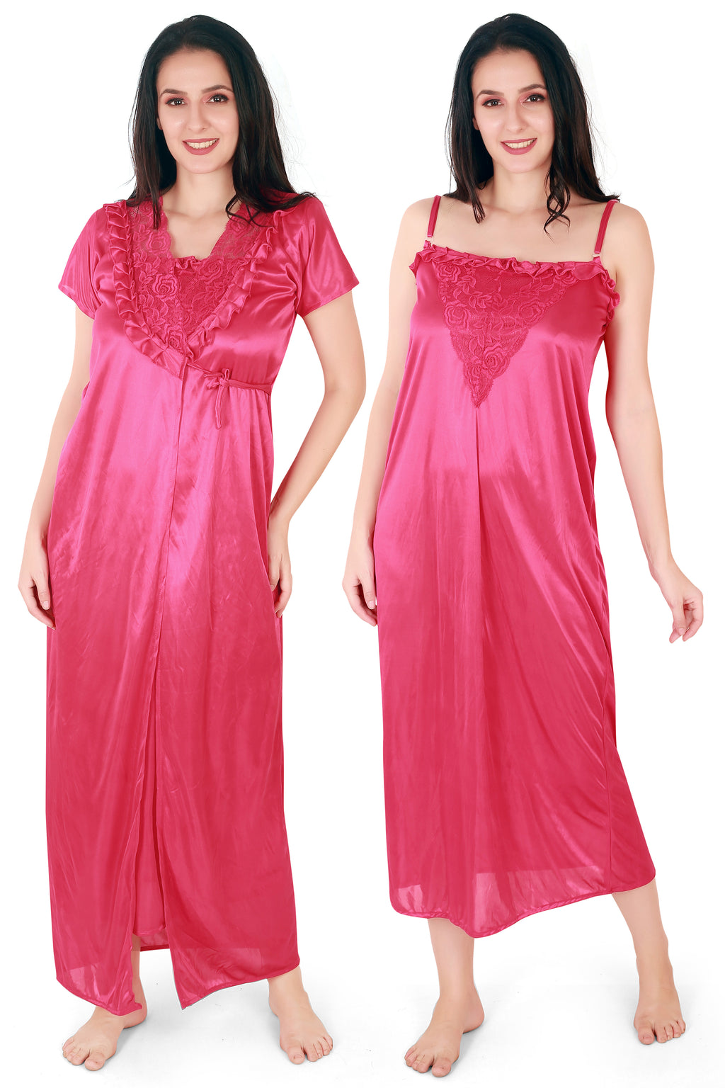 Hot Pink Satin Nighty with Lace Detail Robe for Women