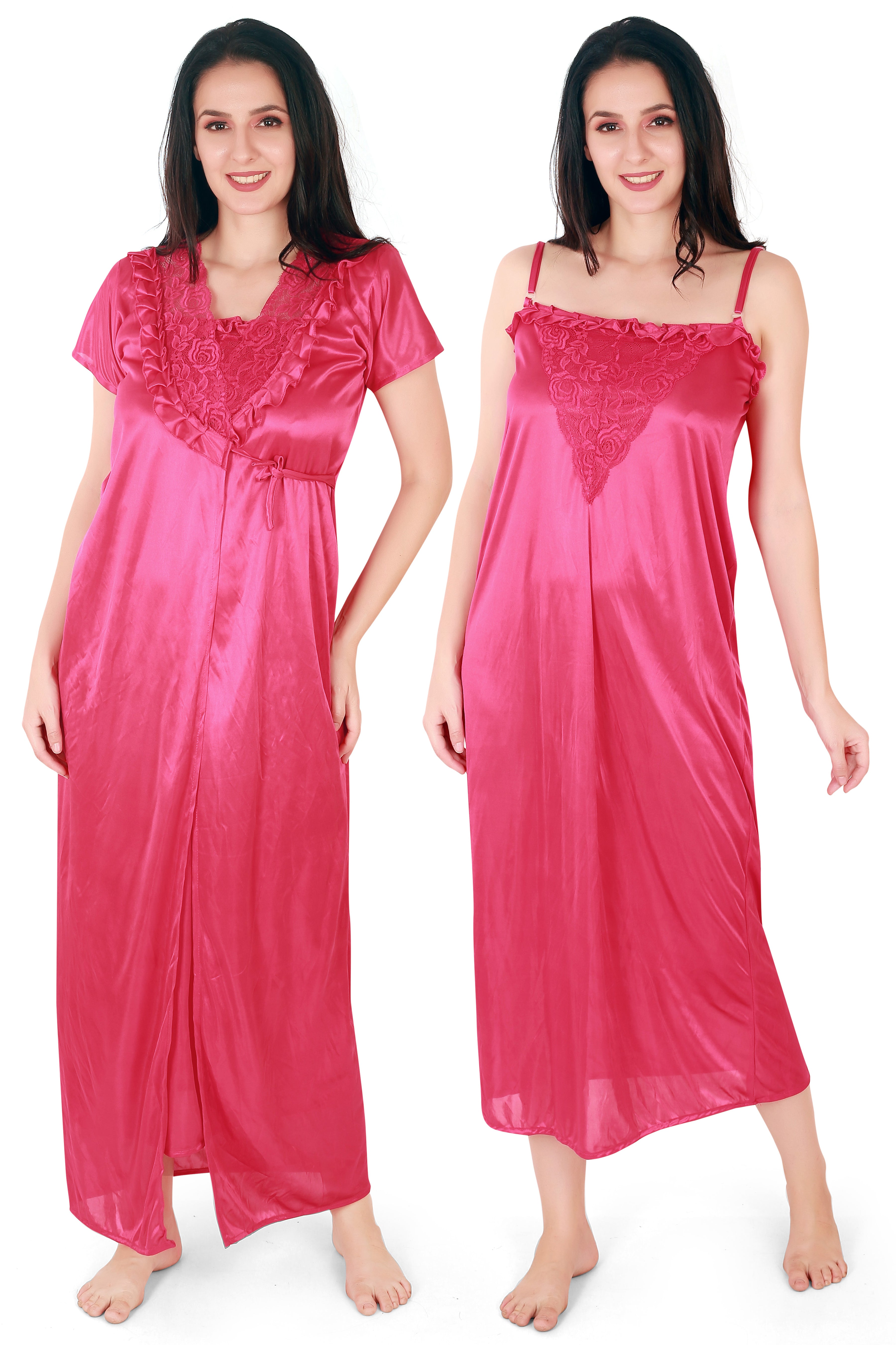 Hot Pink Satin Nighty with Lace Detail Robe for Women
