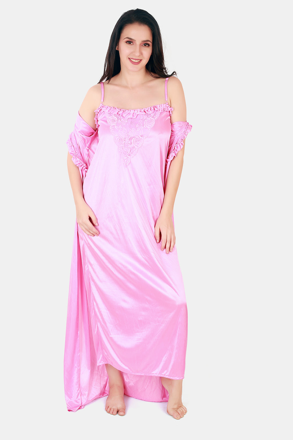 Solid Satin Nighty with Robe for Women Light Pink Front