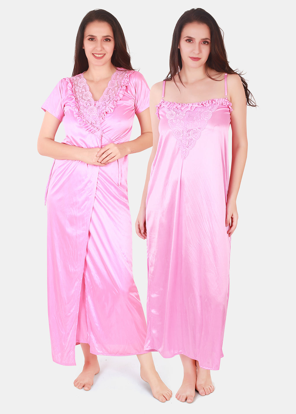 Solid Satin Nighty with Robe for Women Light Pink