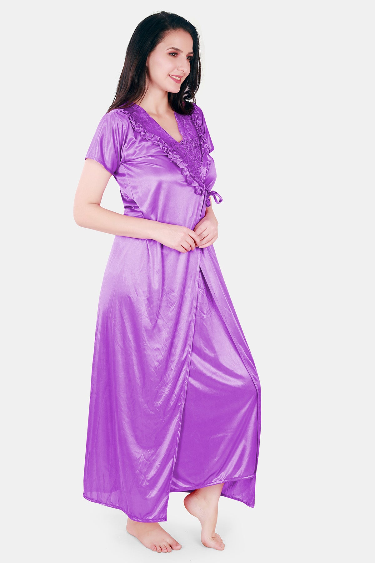 Solid Satin Nighty with Robe for Women