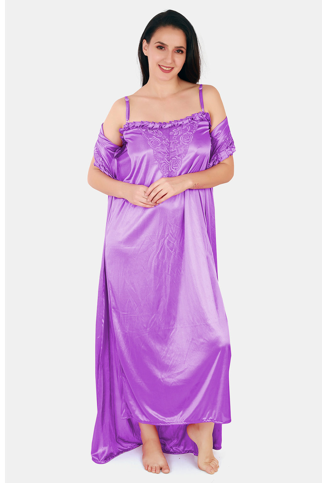 Solid Satin Nighty with Robe for Women