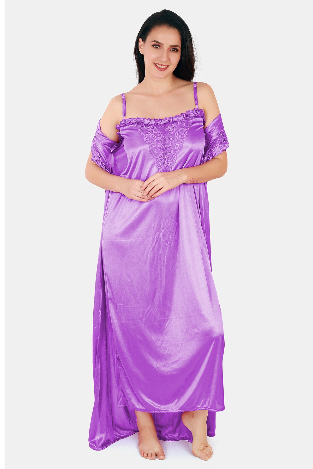 Solid Satin Nighty with Robe for Women