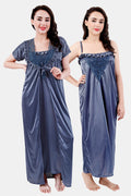 Steel blue satin nighty with robe for women front view
