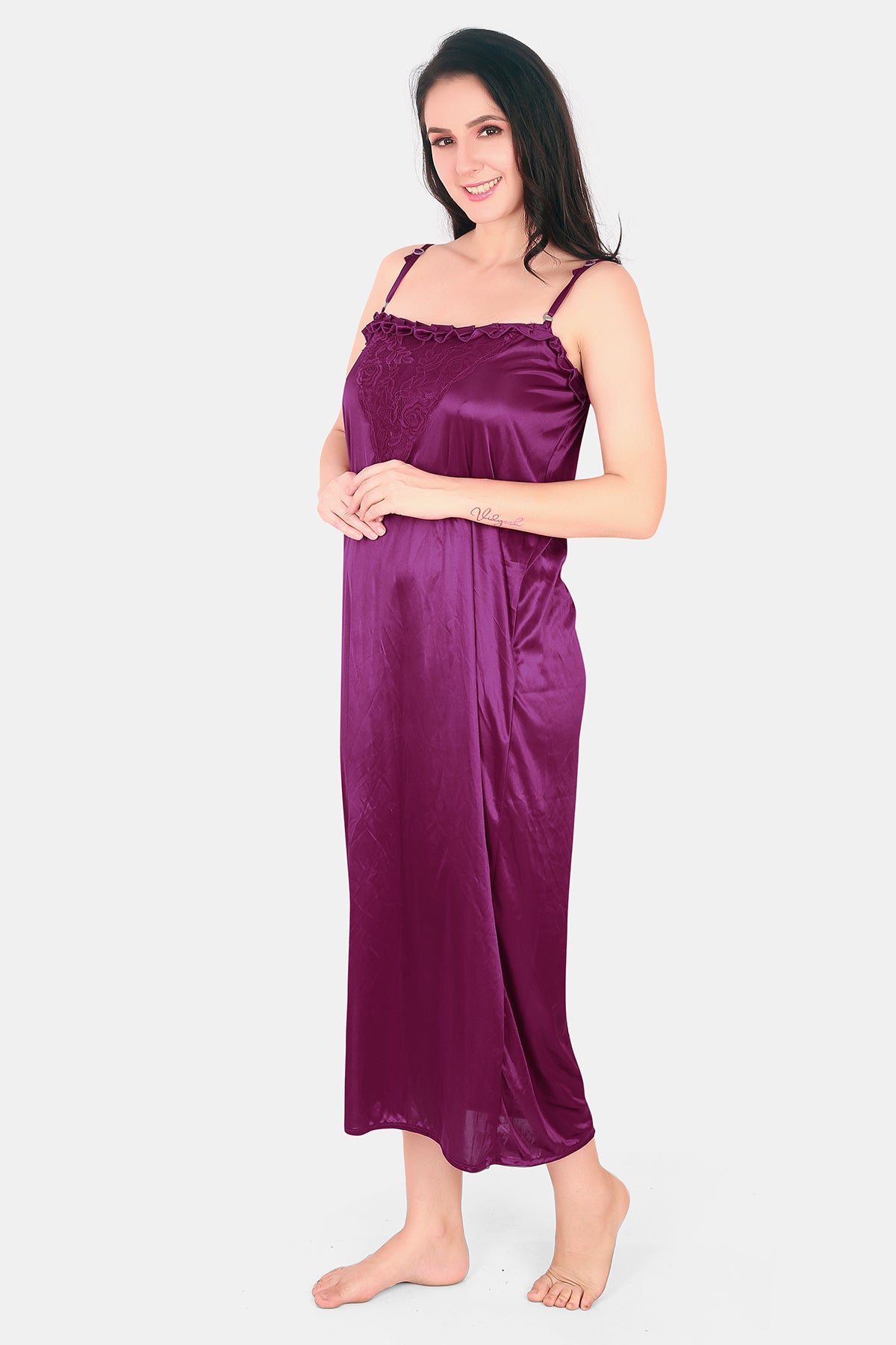 Solid Satin Nighty for Women Wine 